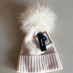 North Face Faux Fur Pom Pom Knit Beanie - Cream